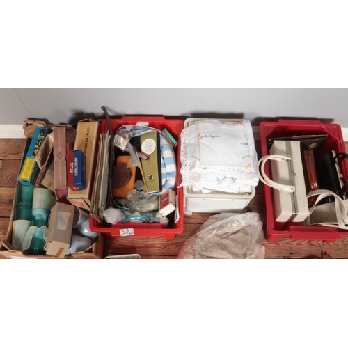 438 - Four boxes of miscellaneous. Includes handbags, boxed Airfix model, lace & linen, etc.