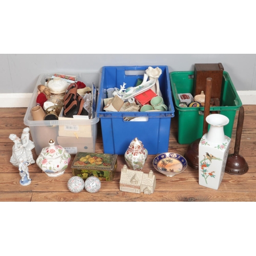 453 - Three boxes of miscellaneous. Includes decorative vase, lawn boules, continental figures, Noritake d... 