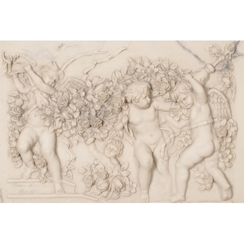 412 - After Francois Duquesnoy (1597-1643) A reconstituted marble plaque depicting cherubs draped in a ros... 