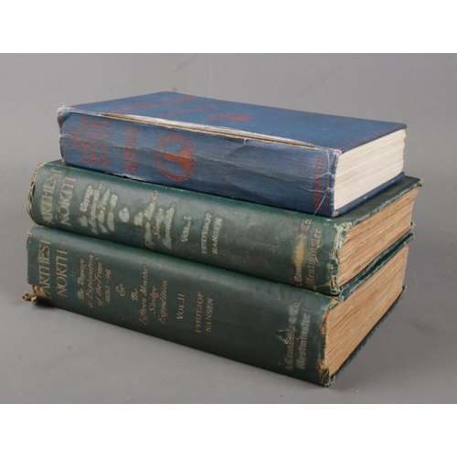 119 - Three antique expedition books. Inlcudes Dr Fridtjof Nansen, Farthest North Volume One and Two, publ... 