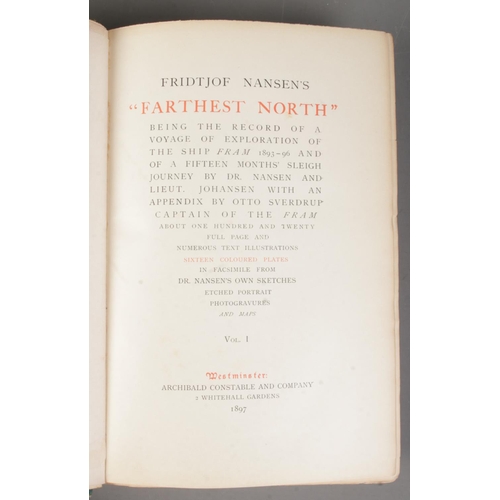 119 - Three antique expedition books. Inlcudes Dr Fridtjof Nansen, Farthest North Volume One and Two, publ... 