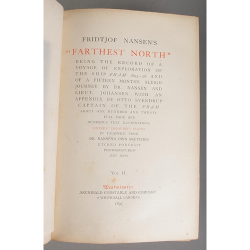 119 - Three antique expedition books. Inlcudes Dr Fridtjof Nansen, Farthest North Volume One and Two, publ... 