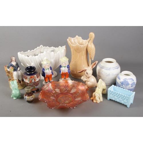 122 - A collection of ceramics and glass. Includes Doulton Lambeth, pressed glass basket, 19th century Sta... 