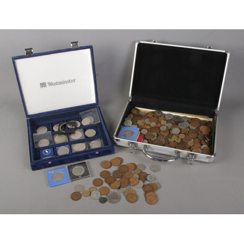 156 - Two cases of mostly pre-decimal British coins to include good collection of commemorative crowns.