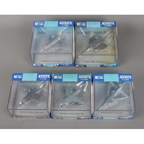 167 - Five boxed Armour Collection 1:100 scale diecast model planes to include Super AV-8, Harrier GR-7, K... 