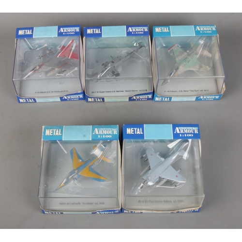 171 - Five boxed Armour Collection 1:100 scale diecast model planes to include Alpha Jet Luftwaffe, AV-8 B... 