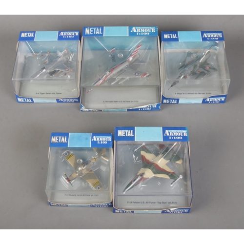 175 - Five boxed Armour Collection 1:100 scale diecast model planes to include P-51 Mustang, F-16 Falcon T... 