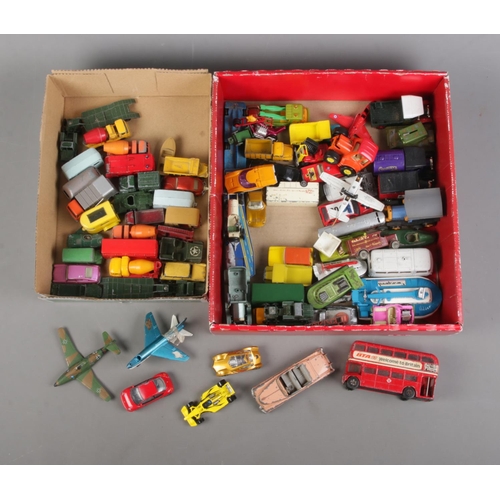 199 - Two boxes of assorted diecast vehicles to include Lesney, Matchbox, Dinky, Corgi, etc.