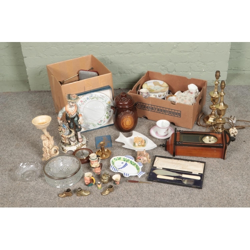 219 - Two boxes of miscellaneous to include Royal Albert, Rumtopf jar, silver collared flatware, Capodimon... 