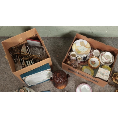 219 - Two boxes of miscellaneous to include Royal Albert, Rumtopf jar, silver collared flatware, Capodimon... 