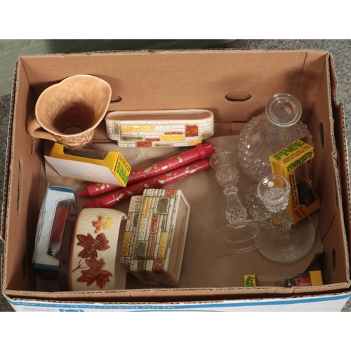 222 - A box of miscellaneous to include collection of Sylvac ceramics, cut glass and diecast vehicles.