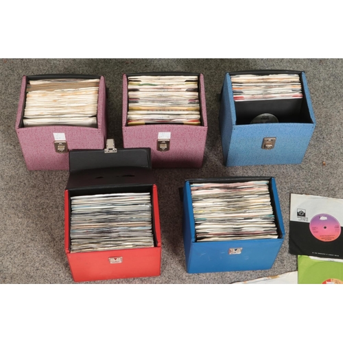 226 - Five cases of assorted vinyl singles of mainly pop and easy listening to include Boney M, Elvis Pres... 