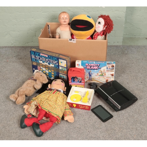 236 - A good collection of vintage children's toys and games to include Rosie and Jim, Blankety Blank, Fis... 