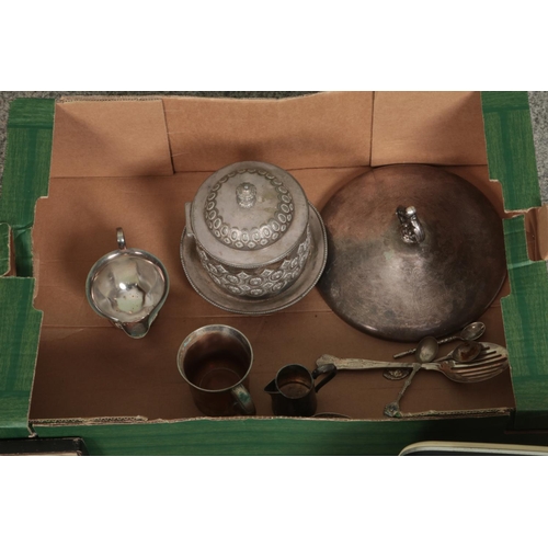 237 - A box of miscellaneous to include assorted brass, silver plate, Bush radio and three framed photogra... 