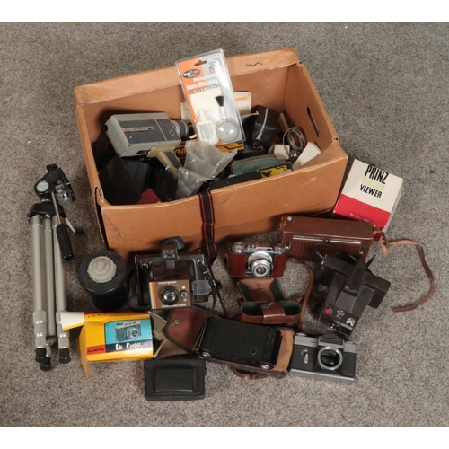 248 - A box of photographic equipment. Includes Kodak, Polaroid, Coronet cameras, Pyramid tripod, Prinz co... 