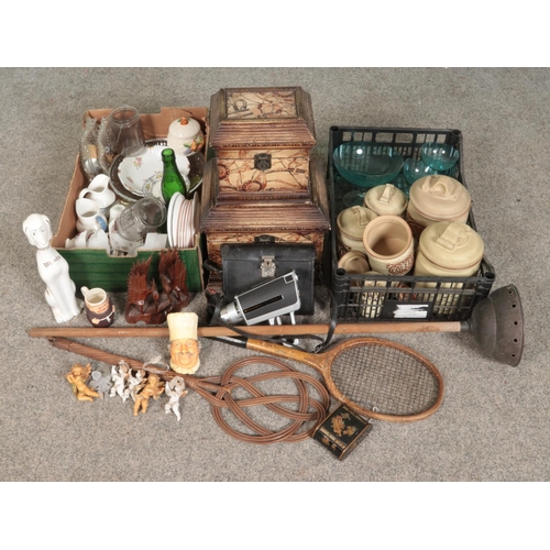 255 - Two boxes of miscellaneous. Includes posser, carpet beater, decorative boxes, Bossons chef etc.