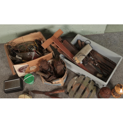 269 - Three boxes of miscellaneous of mostly assorted tools to include copper soldering irons, saws, carpe... 