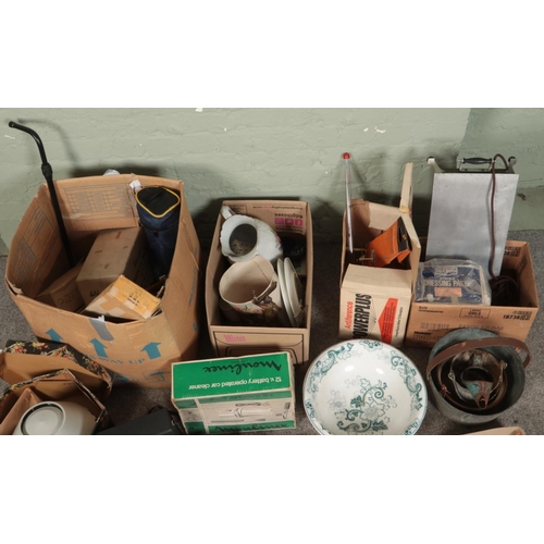 282 - Four boxes of miscellaneous to include Gold State Coach lead figure, ceramics, jam pan, etc.