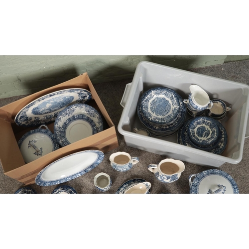 288 - A large collection of blue and white ceramics to include Palissy Avon Scenes, Rutland, Delfts, Mason... 