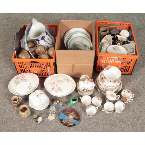 289 - Three boxes of miscellaneous. Includes Edwardian bone china tea set, Meakin Rock Fern dinnerwares, D... 