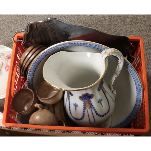 289 - Three boxes of miscellaneous. Includes Edwardian bone china tea set, Meakin Rock Fern dinnerwares, D... 