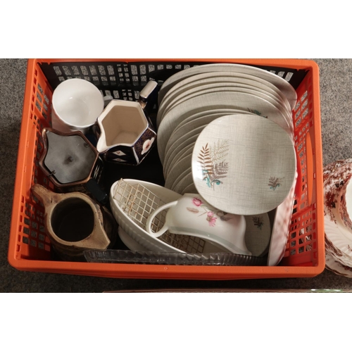 289 - Three boxes of miscellaneous. Includes Edwardian bone china tea set, Meakin Rock Fern dinnerwares, D... 