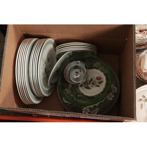 289 - Three boxes of miscellaneous. Includes Edwardian bone china tea set, Meakin Rock Fern dinnerwares, D... 