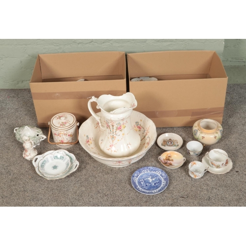 291 - Two boxes of assorted ceramics to include Noritake, Coalport, Staffordshire Pagoda, Colclough, etc.