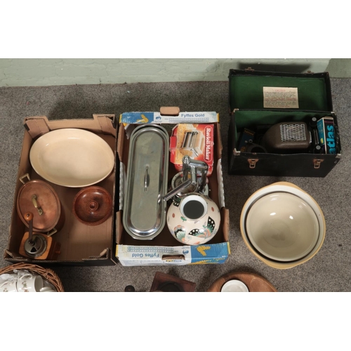 294 - Two boxes of miscellaneous to include cased Aldis projector, Japy Freres coffee grinder, two gigot's... 