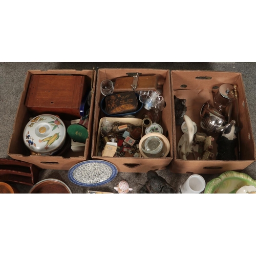 298 - Three boxes of miscellaneous to include Coalport, Caithness, assorted figure groups, cased microscop... 