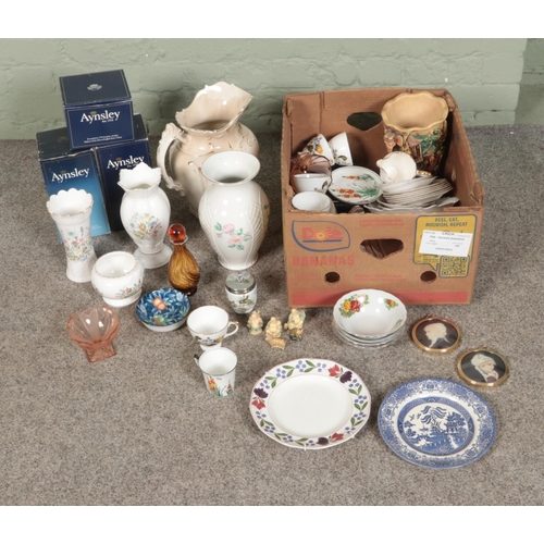 299 - A box of miscellaneous ceramics and glassware to include three boxed Aynsley Wild Tudor ceramics, ar... 