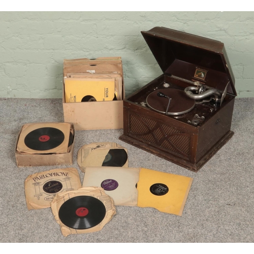 319 - A His Master's Voice hornless gramophone along with a collection vinyl 78RPM records, etc.