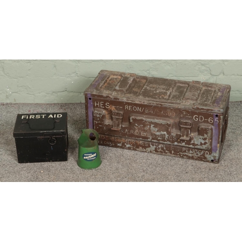 321 - A vintage military metal ammo crate along with first aid kit box and Halfords oil jug.