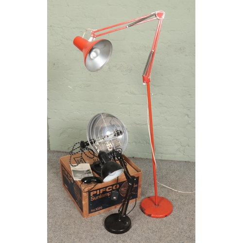 339 - A HCF anglepoise standard lamp along with a smaller angle poise lamp and a boxed Pifco Sunlamp.