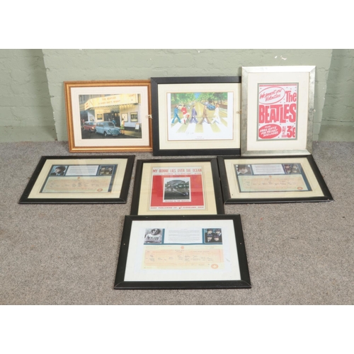 405 - A collection of framed Beatles memorabilia to include facsimile copies of birth certificates, El Bea... 