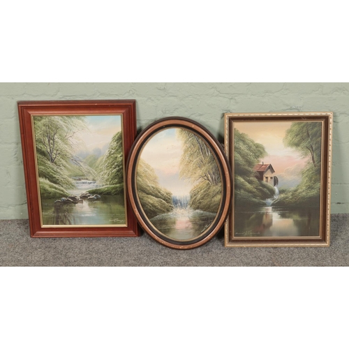 414 - Three David James (b. 1994) framed oil on canvas paintings each depicting riverside landscapes. Appr... 