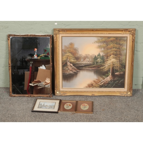 415 - A collection of pictures and prints to include large oil canvas landscape (signed indistinct), gilt ... 