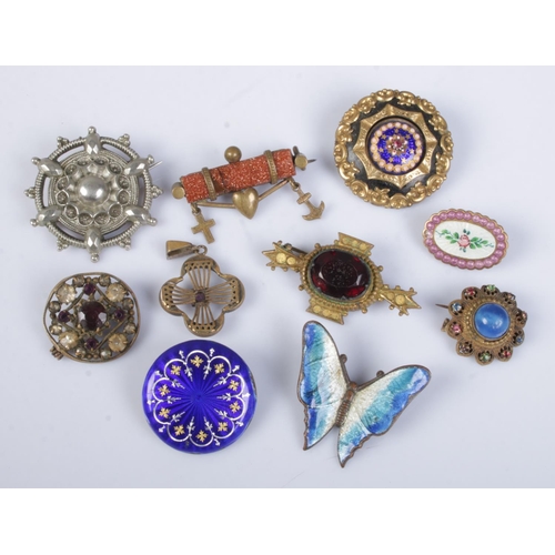 458 - Ten antique brooches. Includes enamelled examples, goldstone etc.