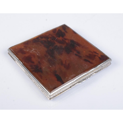 464 - A continental silver and tortoiseshell case. Stamped 800. 8cm x 8cm.