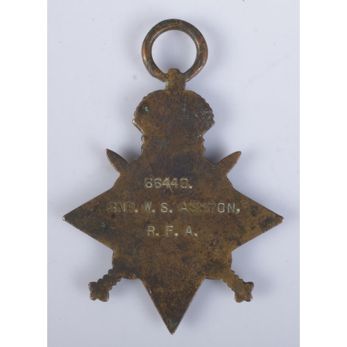 478 - A First World War 1914-15 star awarded to Gunner WS Ashton, Royal Field Artillery, 66440.