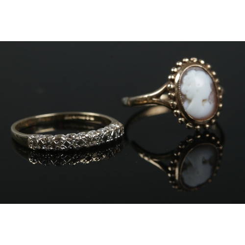 486 - Two 9ct gold ladies rings. Includes nine stone diamond and cameo example. Both size L 1/2. Total wei... 