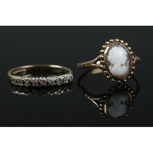 486 - Two 9ct gold ladies rings. Includes nine stone diamond and cameo example. Both size L 1/2. Total wei... 