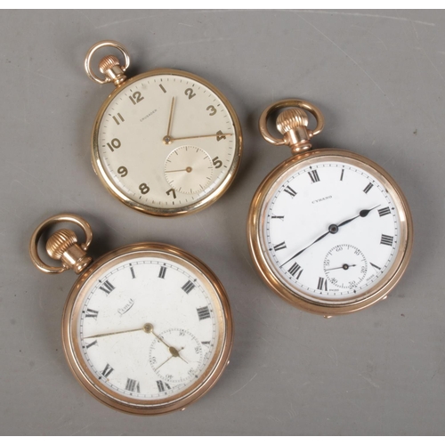 506 - Three gold plated pocket watches, all in Dennison cases. Includes Limit, Cyrano and Crusader.