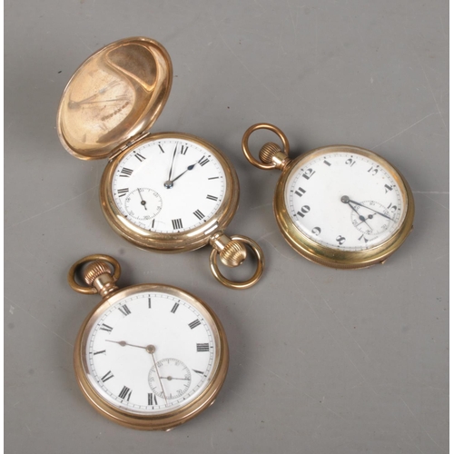 508 - Three gold plated pocket watches. Includes Elgin full hunter, Waltham and one other.