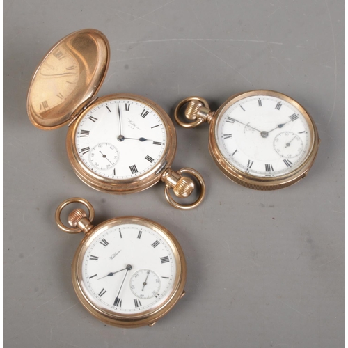 509 - Three gold plated pocket watches. Includes Waltham full hunter in Dennison case, open face Waltham a... 