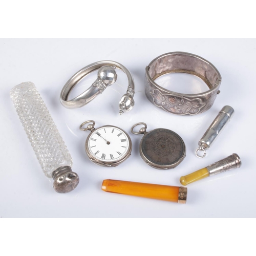 538 - A collection of silver, also includes 18ct gold mounted cheroot holder. Fob watches, bangles etc.