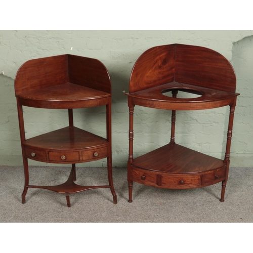 569 - Two mahogany two tier corner wash stands both having central drawer to lower flanked by two faux dra... 