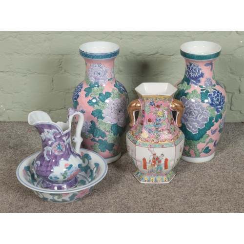 104 - A collection of oriental style ceramics including a Chinese hexagonal vase.

Pair of vases Hx46cm