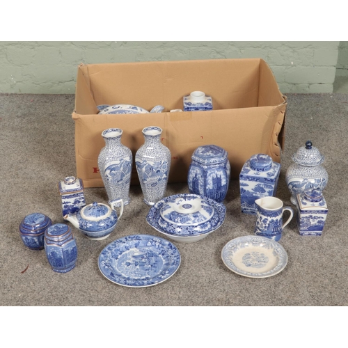 247 - A box of blue and white ceramics including ginger jars, tea pots, vases and plates. Including exampl... 