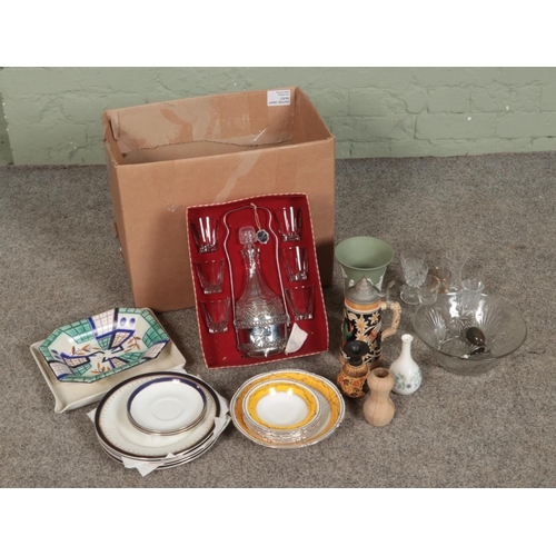 258 - A box of mixed collectable including Wedgwood items, Duchess china, German stein, Crown Devon, whisk... 